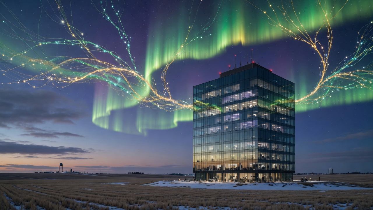 Neural aurora light over a glass tower on the Canadian prairie