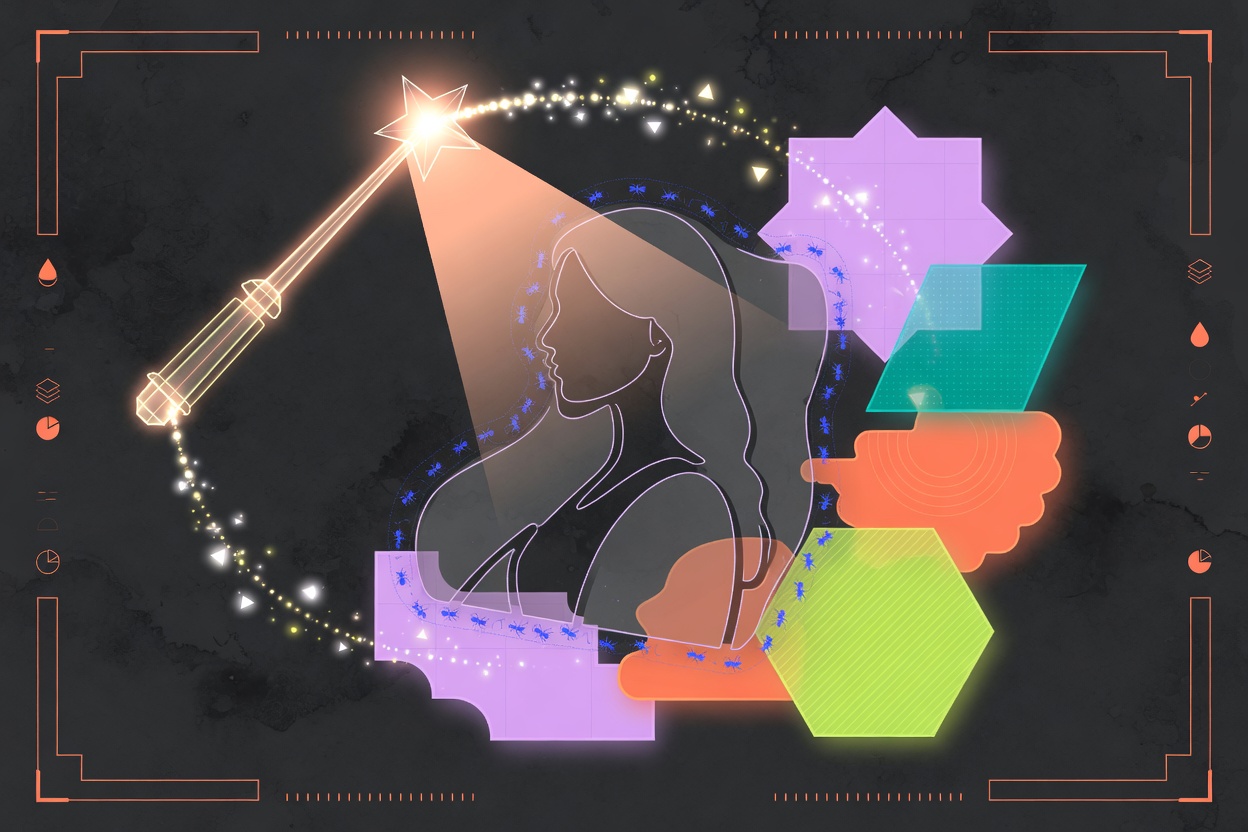 Abstract illustration of AI edit tools as light shapes