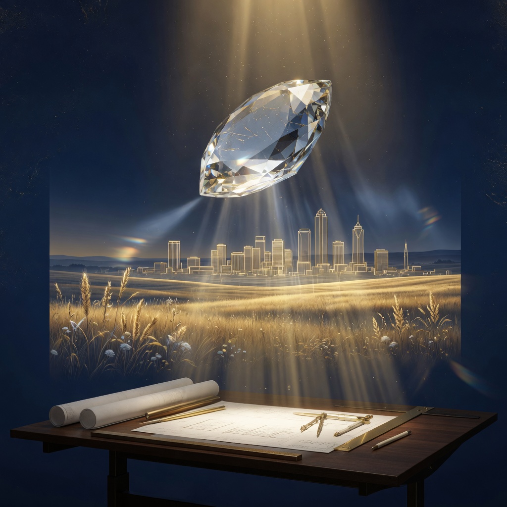 Crystal lens projecting prairie and city light above a drafting table