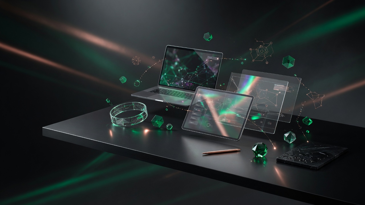 Holographic design assets floating over a dark studio desk