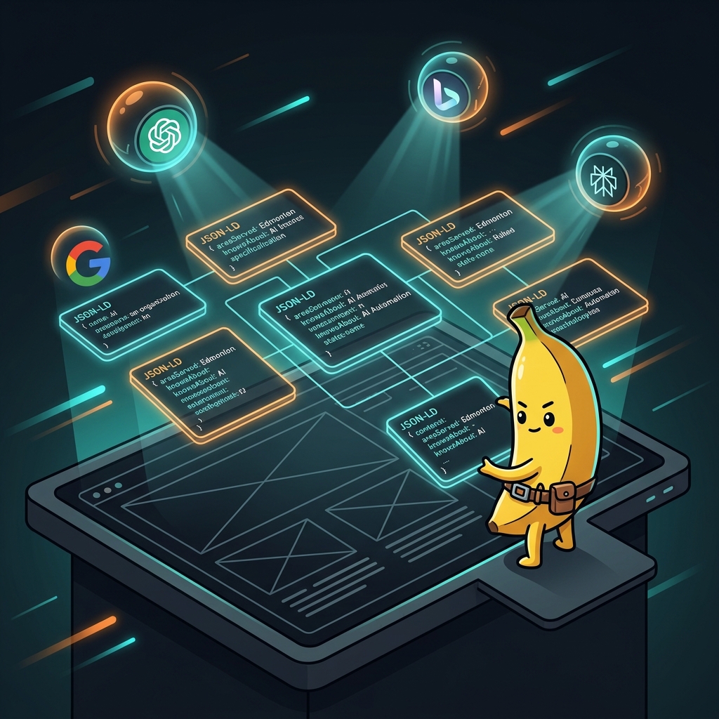 Nano Banana placing JSON-LD Organization schema cards so AI engines like ChatGPT can find the business