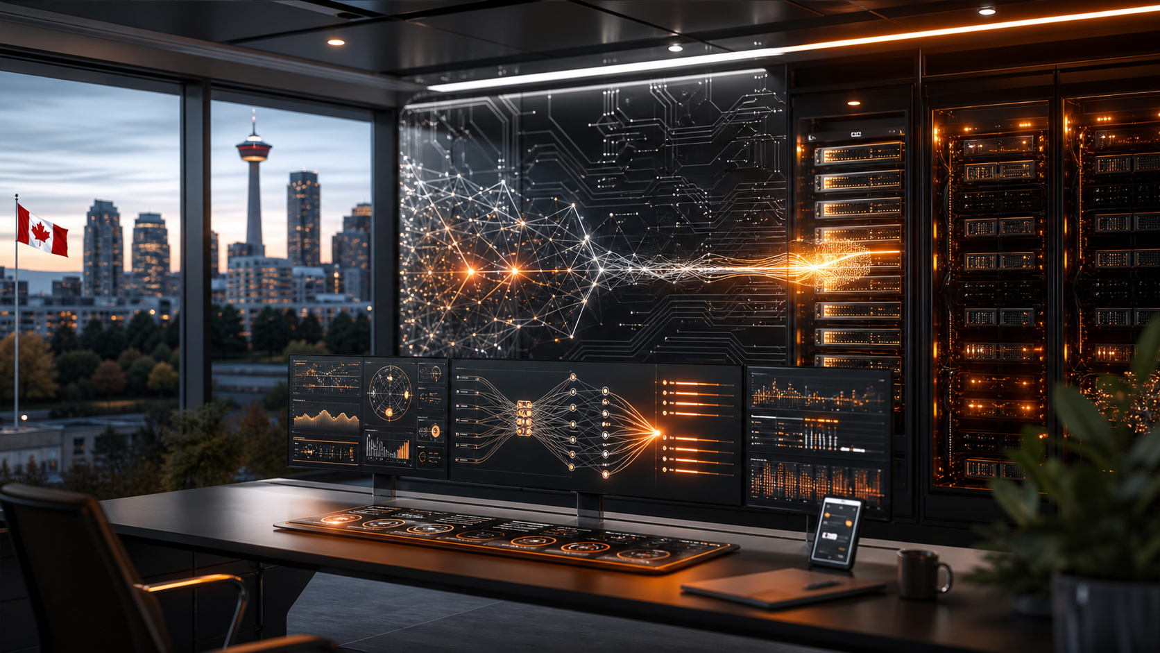 Canadian AI operations room with neural network acceleration dashboards and server infrastructure
